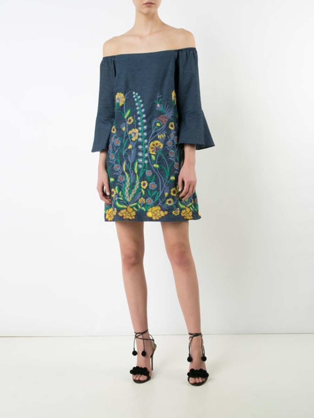 Alice + Olivia Embroidered Denim Blue Floral Off-Shoulder Women's Top